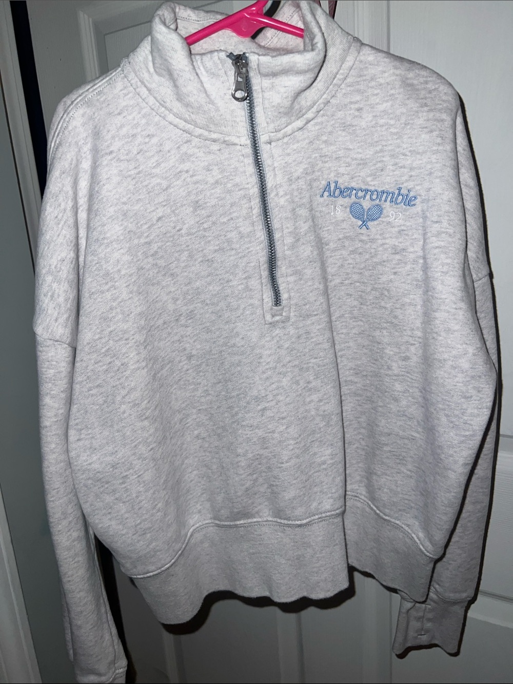 Abercrombie & Fitch Heather Light Gray Quarter‑Zip Sweater with Blue Logo